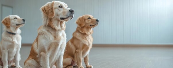 Dogs sitting attentively during a group training session at a doggy daycare facility   dog training, daycare learning