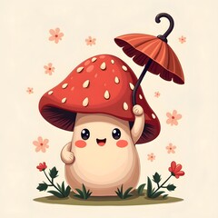 Naklejka premium Cute Kawaii Mushroom Holding Umbrella with Strawberry Cap