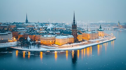 A tranquil winter evening in Stockholm, showcasing historic architecture and snow-covered...