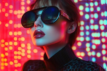 Woman with futuristic sunglasses against neon lights
