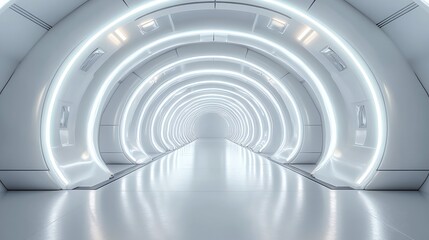 Obraz premium modern 3D interior design with a futuristic white silver background, neon corridor, and empty stage floor, creating a minimalist and abstract space technology environment