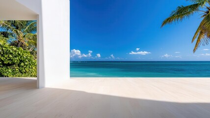 Fototapeta premium Elegant beach home with a private terrace, offering sweeping views of the ocean and horizon beachfront villa, luxury design