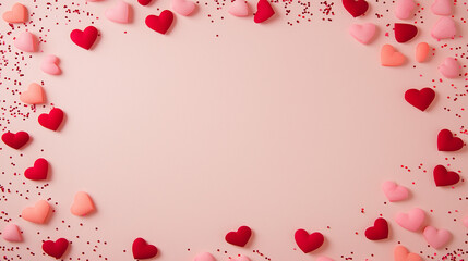 valentineâ€™s day confetti: a romantic frame made from pink and red heart-shaped confetti, arranged around a soft blush background, the sweet colors create a charming border