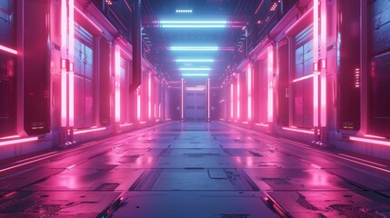 Futuristic Neon Lit Corridor for E-Sport Event Background with Vibrant Pink and Blue Lighting