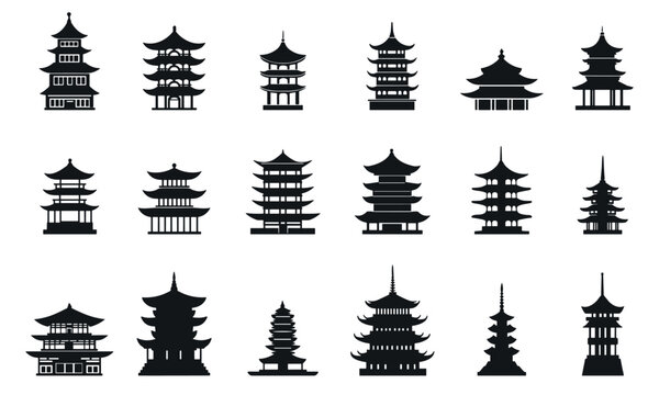 Pagoda silhouette black icons set. Japanese Chinese architecture Asian typical traditional building. Oriental temple house decorative design symbol. Simple black and white logo in flat style. Isolated