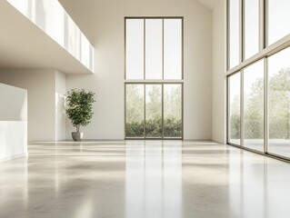 Fototapeta premium A large open room with a white wall and a large window. A potted plant is in the room