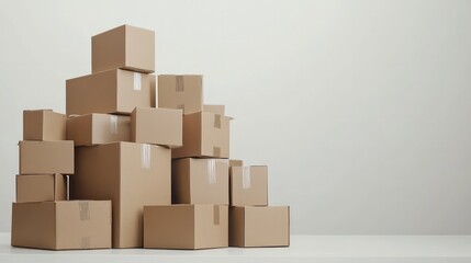 Obraz premium A clean stack of taped cardboard boxes arranged methodically on a white surface, ideal for showcasing bulk packaging or shipping concepts.