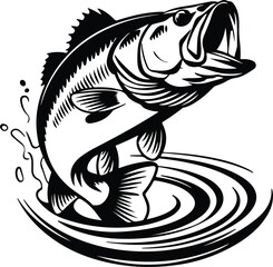 silhouette of a large fish leaping out of water with its mouth open vector art illustration