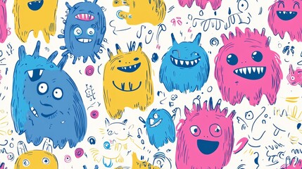 Colorful Seamless Pattern of Playful Monster Doodles in Blue, Yellow, and Pink on White Background