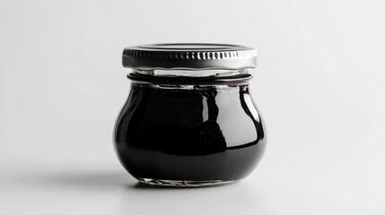 A glass jar of fig jam, sealed with a matte metal lid, sitting on a clean white background, emphasizing premium and elegant gourmet packaging.
