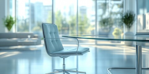Contemporary office environment featuring a sleek glass desk and minimalist chairs, softly blurred background emphasizes clean design elements