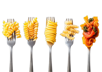 A close up of five forks with different types of pasta on them
