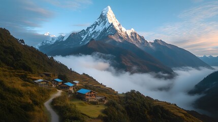 A majestic mountain peak rises above a village nestled in the valley, with clouds flowing through the landscape.
