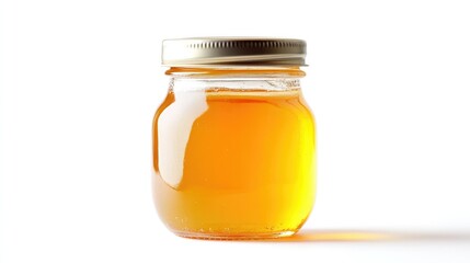 A petite glass jar of peach jam, with a tightly sealed metal lid, standing against a white background, perfect for gourmet food packaging and preserves.
