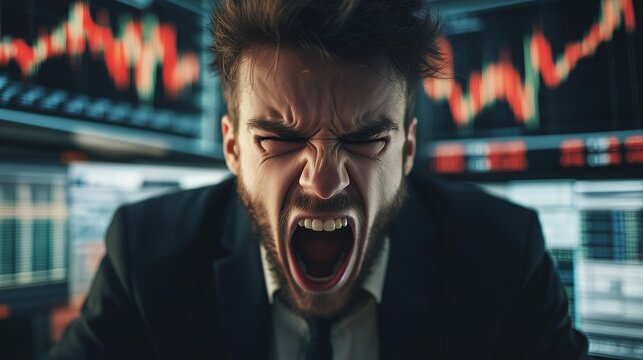 Frustrated trader reacts to market fluctuations in a financial trading office during a hectic session