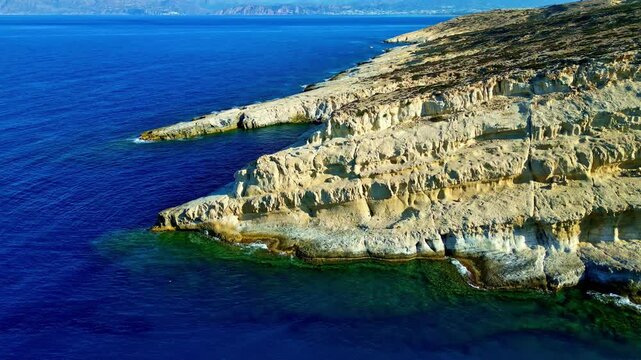 Limestone Cliffs On The Rugged Shore Of Rethymno Region In Crete, Greece. Aerial Drone Shot