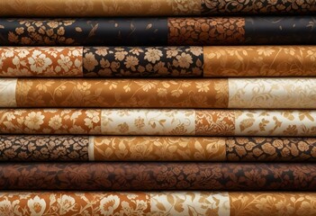 Ornate and intricate patterned fabrics in shades of gold, brown, and black. The fabrics appear to be decorative textiles or clothing, with floral and geometric designs