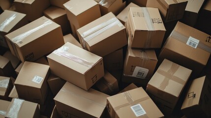 Fototapeta premium A pile of clean cardboard boxes, all taped and sealed, stacked precisely on a white surface, emphasizing bulk shipping logistics.