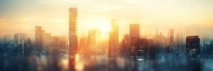 Urban skyline featuring majestic skyscrapers, softly blurred backdrop with a dreamy hazy sky, contemporary cityscape ambiance