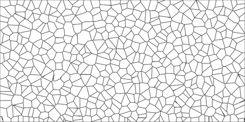 Abstract White Colored Broken Stained-Glass Geometric Retro Tiles Pattern w Black Lines & Quartz Crystal Voronoi Diagram Background for Website, Fabric Printing, Brochures, Luxury/Premium Packaging