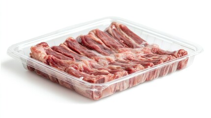 A plastic tray of raw ribs, sealed with clear plastic, displayed on a white background, highlighting supermarket packaging for fresh cuts of meat.