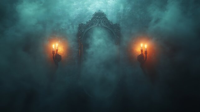 An ornate mirror with a cloudy reflection, flanked by two candlesticks in a dark room.