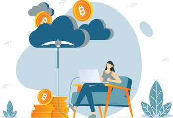Cryptocurrency Mining Concept - Vector Illustration of a Miner Extracting Cryptocurrency Bitcoin with Advanced Technology and Mining Equipment