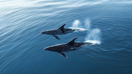 Fototapeta premium Two humpback whales swimming gracefully in calm blue waters.