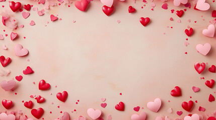valentine&acirc;&euro;&trade;s day confetti: a romantic frame made from pink and red heart-shaped confetti, arranged around a soft blush background, the sweet colors create a charming border