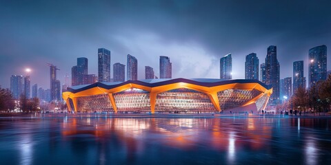 Contemporary sports arena with an eye-catching exterior, city skyline softly blurred in the background, vibrant urban atmosphere