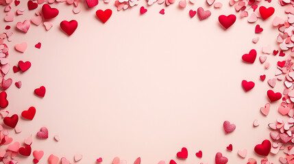 valentineâ€™s day confetti: a romantic frame made from pink and red heart-shaped confetti, arranged around a soft blush background, the sweet colors create a charming border