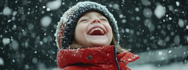 Joyful Happy Kid Laughing as Snowflakes Fall