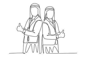 Single continuous line drawing of young happy Moslem employees give thumbs up hands gesture to celebrate job promotion. Arabian male worker sales team. One line draw graphic design vector illustration