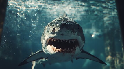 Fototapeta premium Close-up of a fierce shark showcasing its sharp teeth underwater.