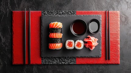 Elegant flat lay of sushi, soy sauce, and chopsticks on slate plates, with red and black background creating a bold Japanese cuisine concept.