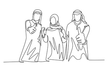Single one line drawing young happy Moslem employees giving thumbs up gesture to celebrate job promotion. Islamic clothing shemag, scarf. Modern continuous line draw design graphic vector illustration
