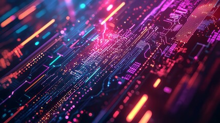 Obraz premium A vibrant circuit board with glowing neon lights in pink, blue, and orange, representing a futuristic, high-tech digital network. AI generative.