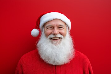 A smiling man with a red sweater and a santa hat. He is smiling and looking at the camera