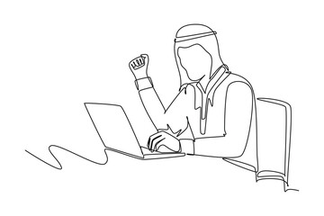 Continuous one line drawing young happy Moslem businessman sitting and celebrate success financial report. Arabian male worker raise hand on desk. Single line draw design vector graphic illustration