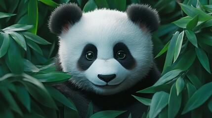 Fototapeta premium giant cute panda in green leaves, capturing the peaceful and cuddly nature of this wildlife animal in its bamboo forest environment