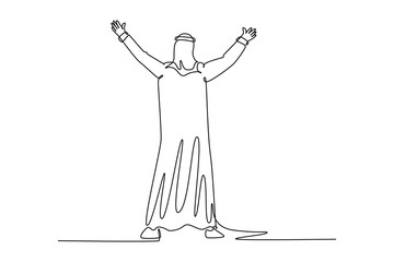 Continuous one line drawing back view of happy Moslem businessman celebrate his business deal project. Arabian male manager standing and raise hand. Single line draw design vector graphic illustration