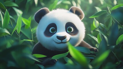 giant cute panda in green leaves, capturing the peaceful and cuddly nature of this wildlife animal in its bamboo forest environment
