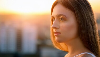 contemplative woman looking to the side and background with deep of field