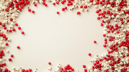 winter berry confetti: a charming frame made from red and white berry-shaped confetti, scattered around the edges of a soft cream background, the bright colors evoke a sense of warmth and cheer