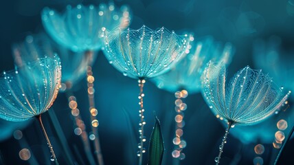 Ethereal Close-Up of Dew-Covered Dandelion Seed Heads with Bokeh Background in Soft Blue Tones