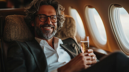 A smiling businessman sitting in the business class of an airplane, holding a glass of champagne, representing a luxury lifestyle concept. 