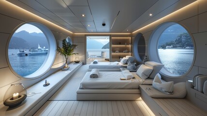 Obraz premium Luxurious Yacht Interior with Panoramic Ocean Views and Modern Design Elements