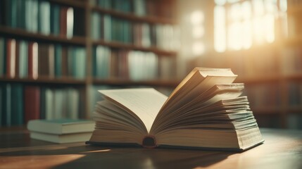 A Serene Moment Captured: The Open Book Illuminated by Soft Sunlight in a Cozy Library Setting