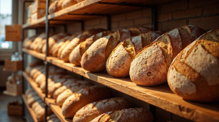 Freshly baked items arranged on wooden shelves in a shop