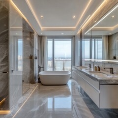 A large bathroom with a white bathtub and a large mirror. The bathroom has a large window that overlooks the city